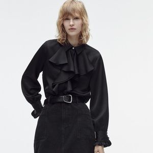 Zara black satin fringe button up shirt
